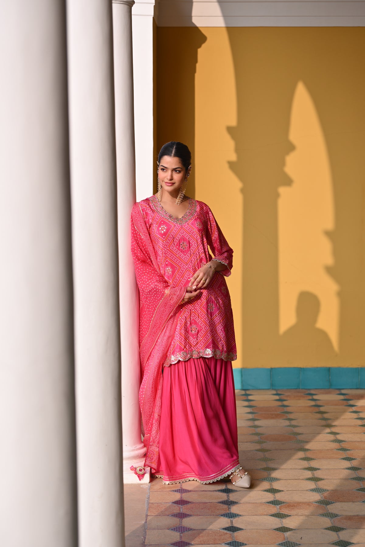 Namita Dubey in Pink Bandhani Nazakat Sharara Set with Gota Patti Work and Scallope Kurta