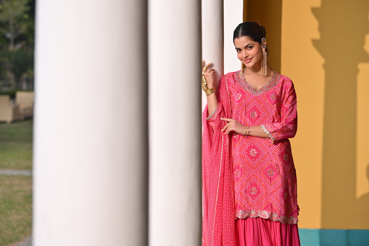 Namita Dubey in Pink Bandhani Nazakat Sharara Set with Gota Patti Work and Scallope Kurta