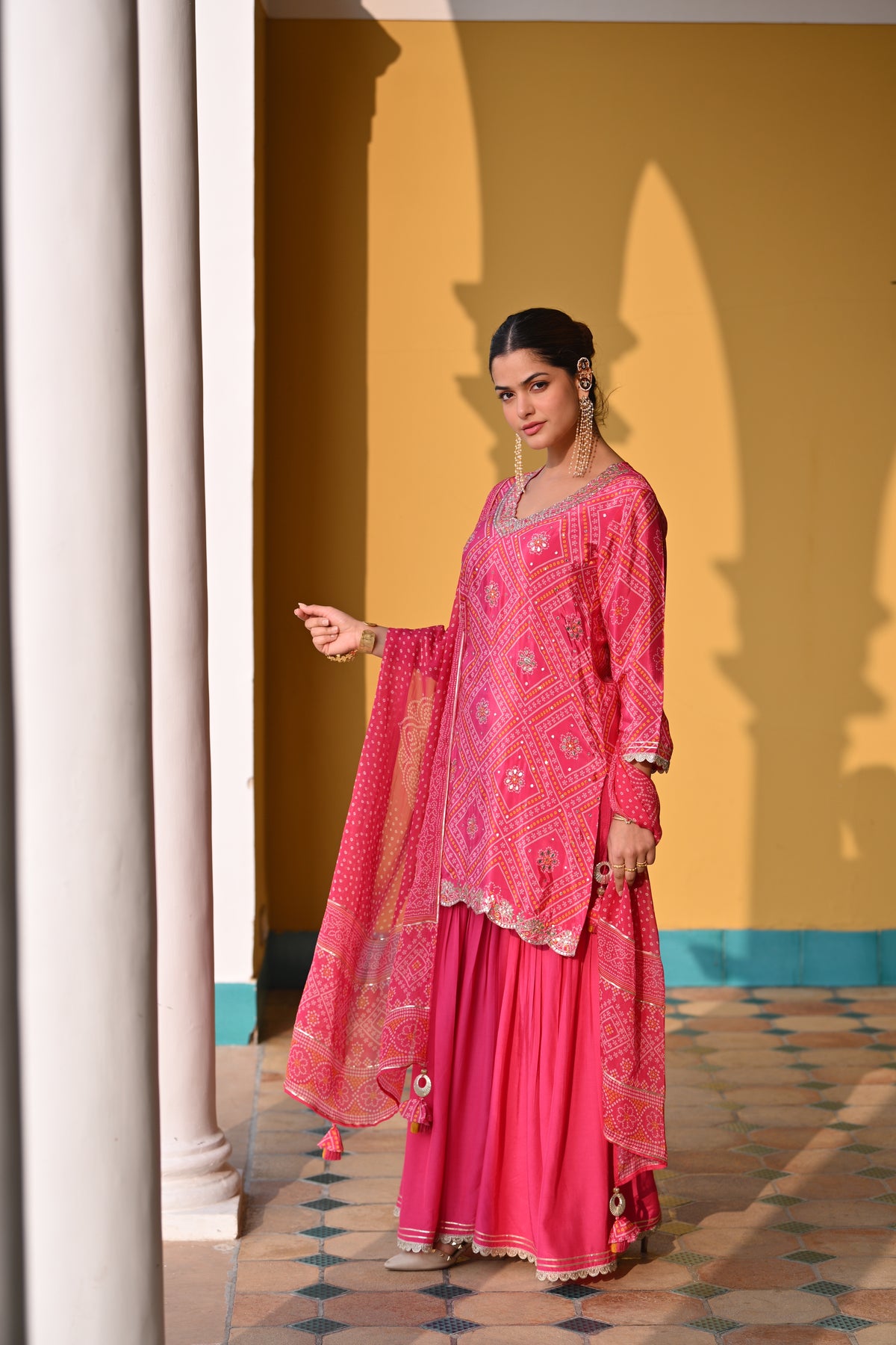 Namita Dubey in Pink Bandhani Nazakat Sharara Set with Gota Patti Work and Scallope Kurta