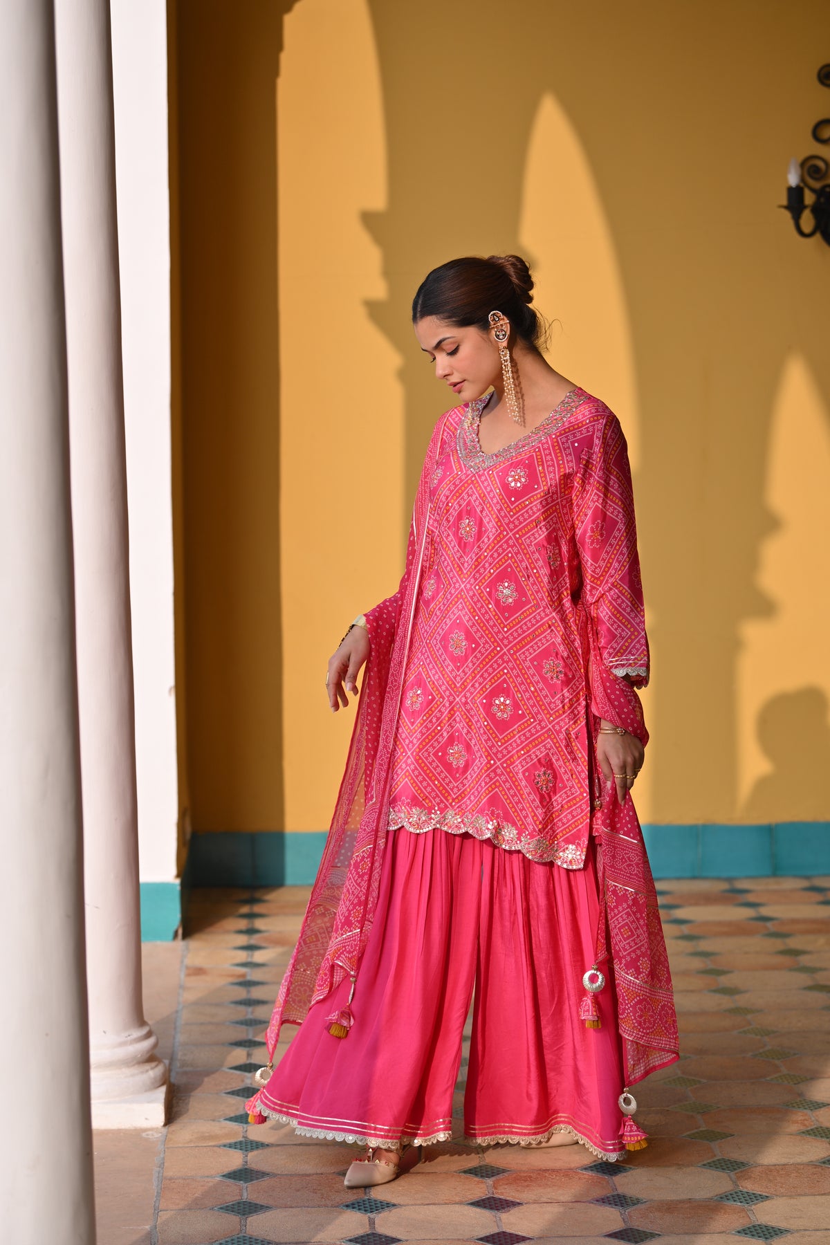 Namita Dubey in Pink Bandhani Nazakat Sharara Set with Gota Patti Work and Scallope Kurta