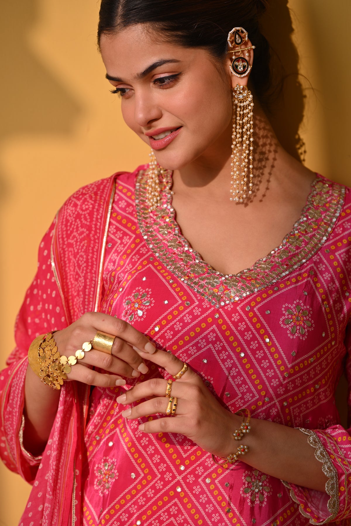 Namita Dubey in Pink Bandhani Nazakat Sharara Set with Gota Patti Work and Scallope Kurta