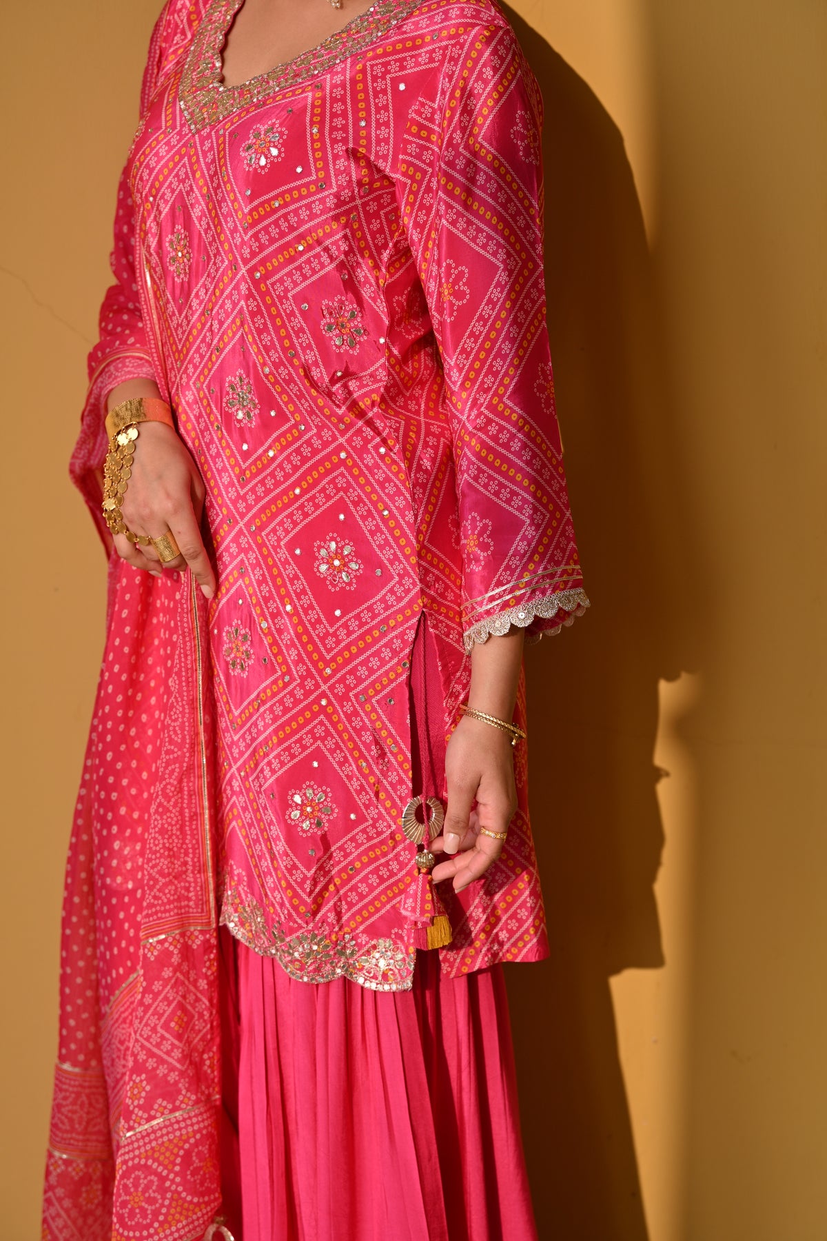 Namita Dubey in Pink Bandhani Nazakat Sharara Set with Gota Patti Work and Scallope Kurta