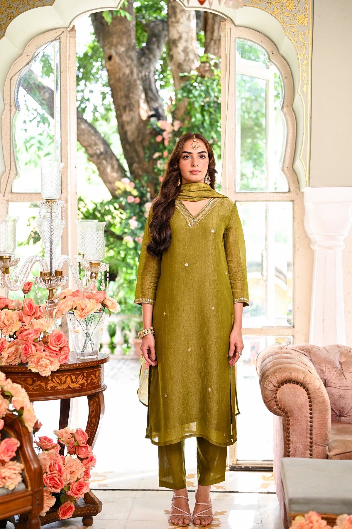 Mehandi Green Crushed Tissue Suit Set With Floral Dupatta