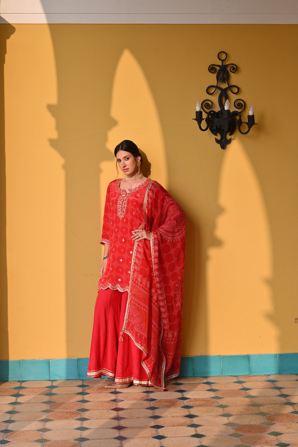 Red Bandhani Nazakat Sharara Set with Gota Patti Work and Scallope Kurta