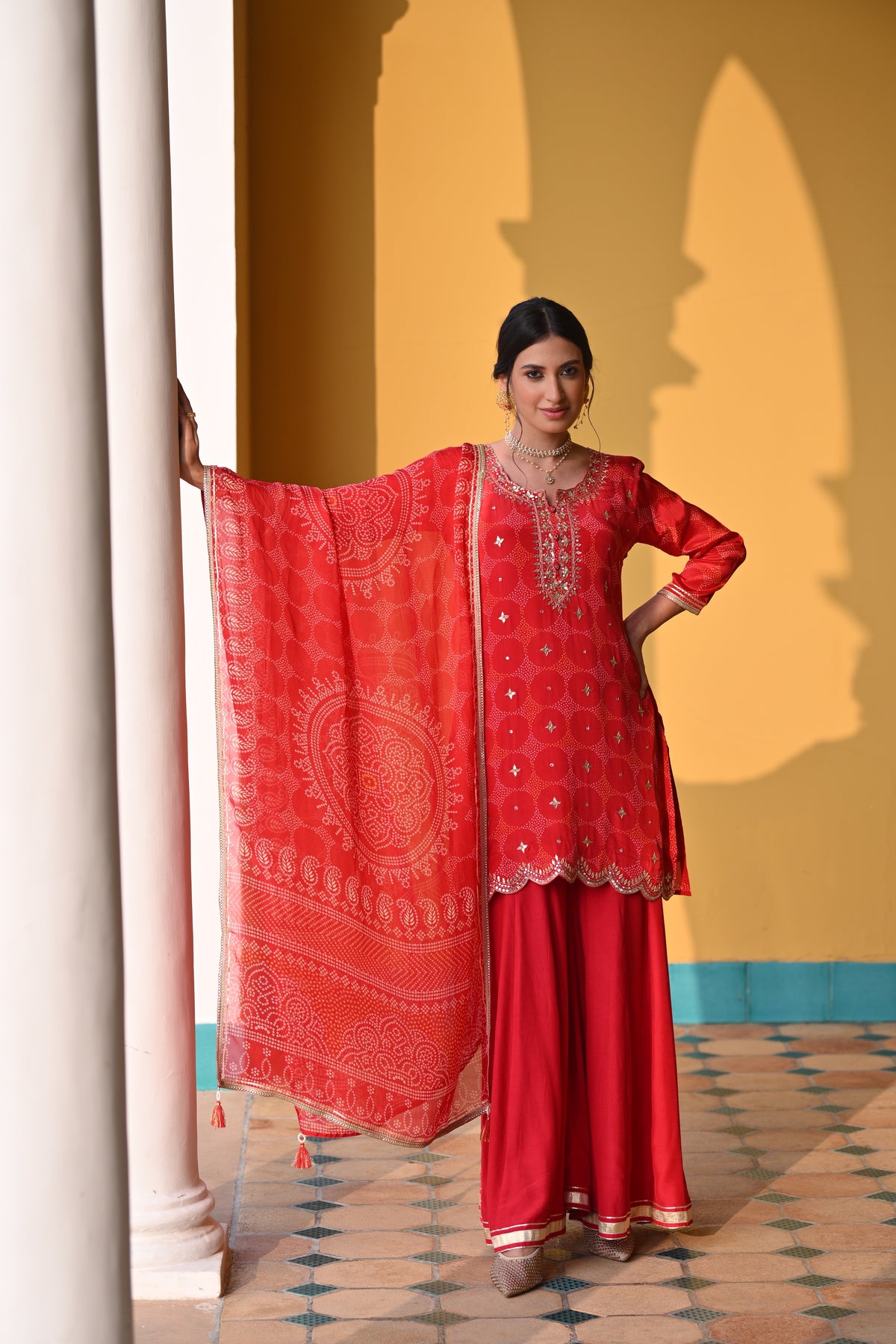 Red Bandhani Nazakat Sharara Set with Gota Patti Work and Scallope Kurta