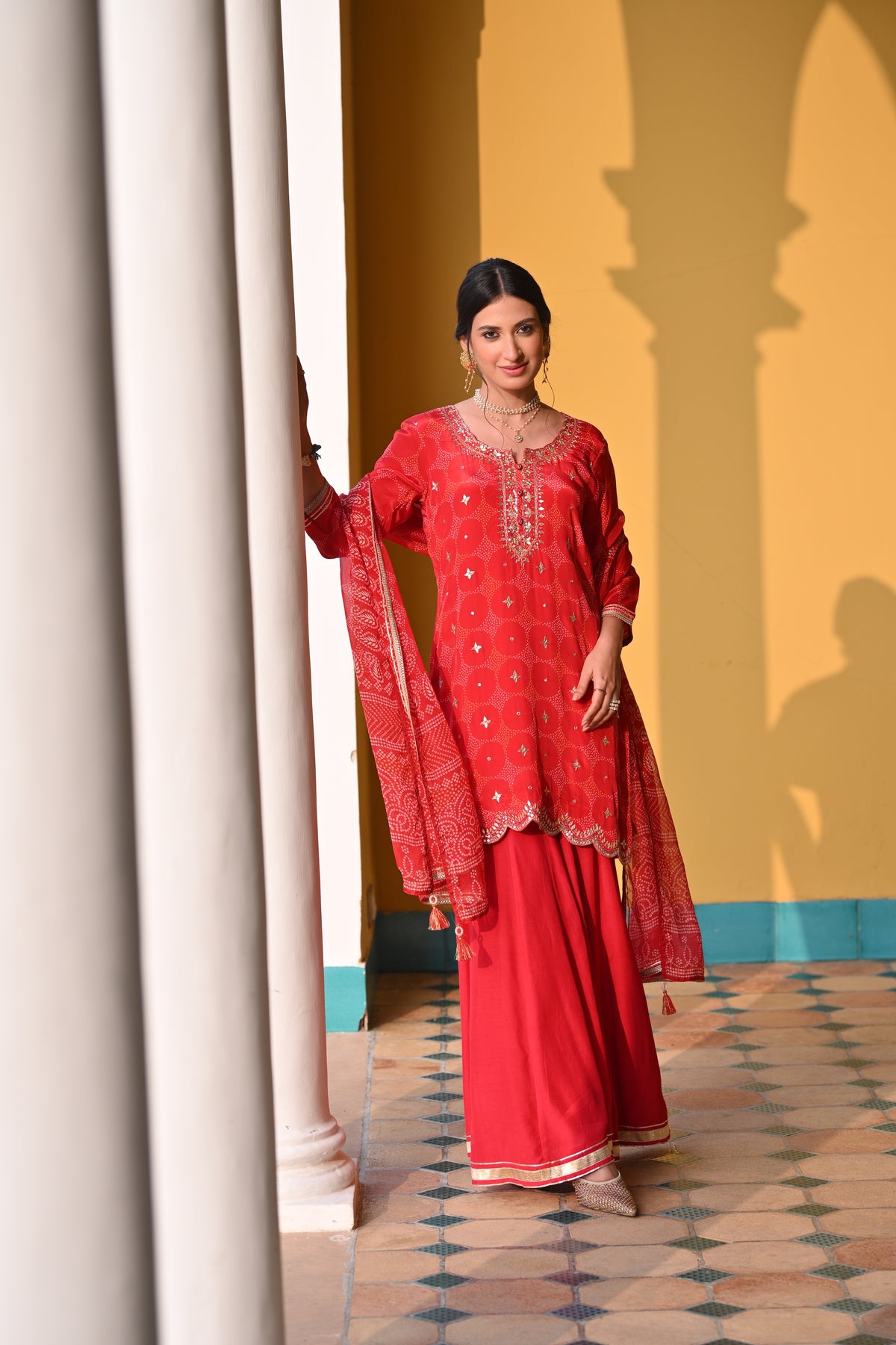 Red Bandhani Nazakat Sharara Set with Gota Patti Work and Scallope Kurta