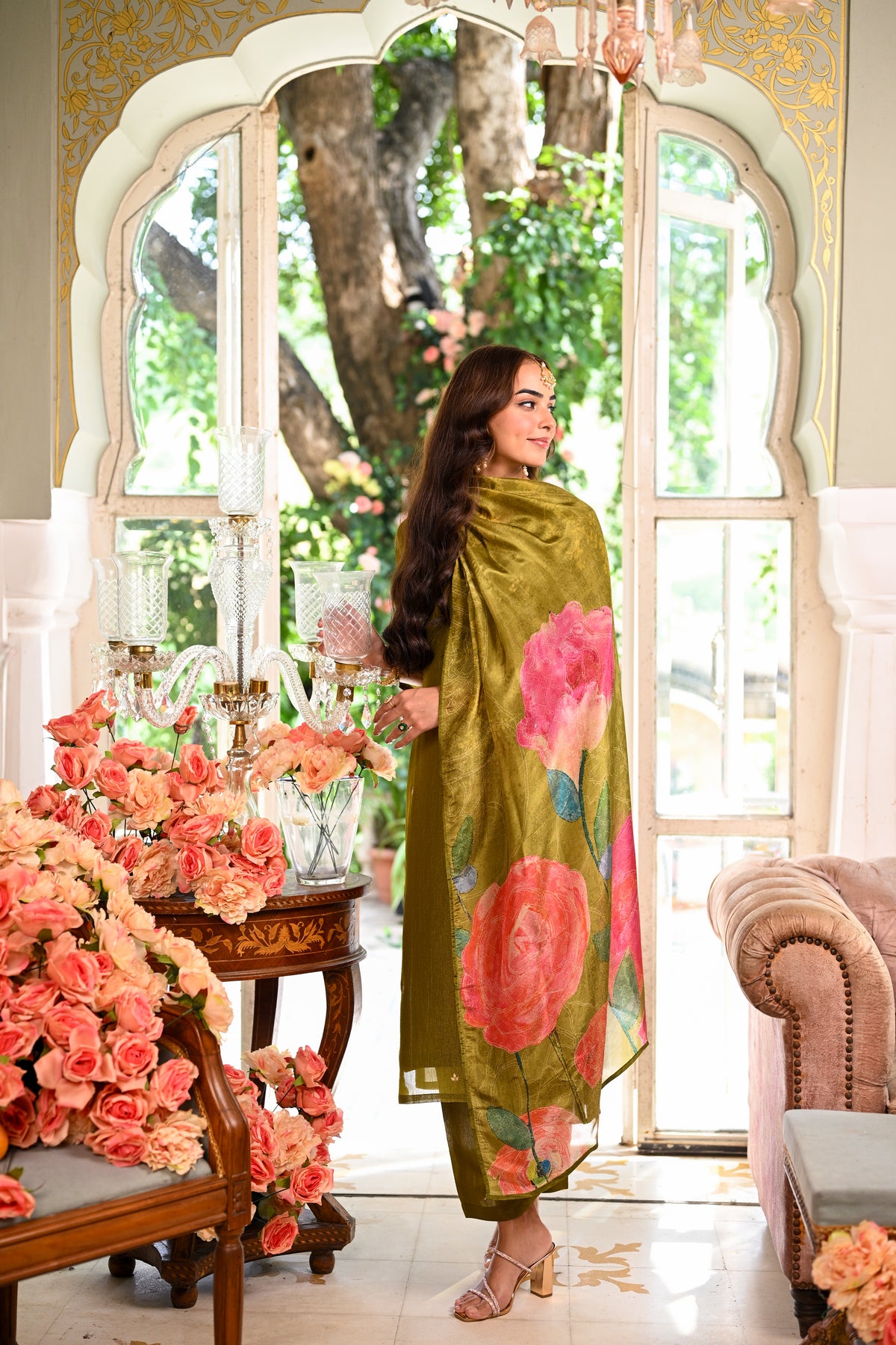 Mehandi Green Crushed Tissue Suit Set With Floral Dupatta