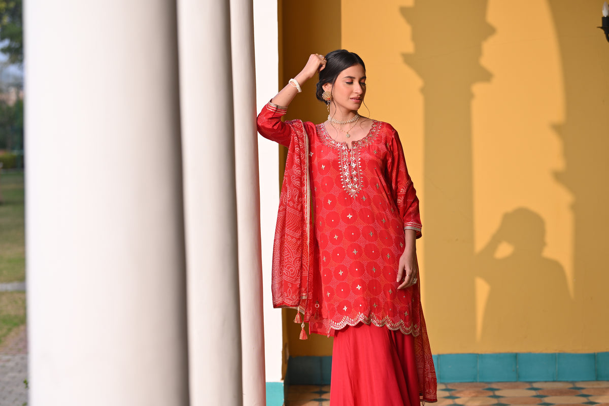 Red Bandhani Nazakat Sharara Set with Gota Patti Work and Scallope Kurta
