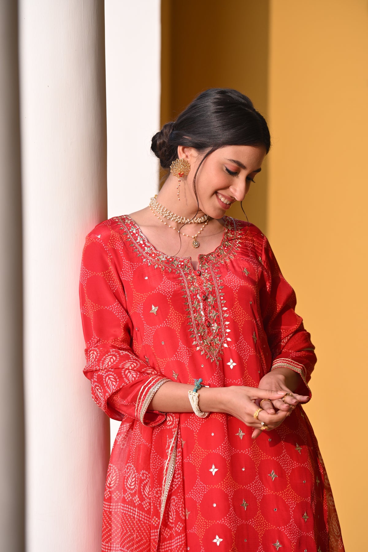Red Bandhani Nazakat Sharara Set with Gota Patti Work and Scallope Kurta