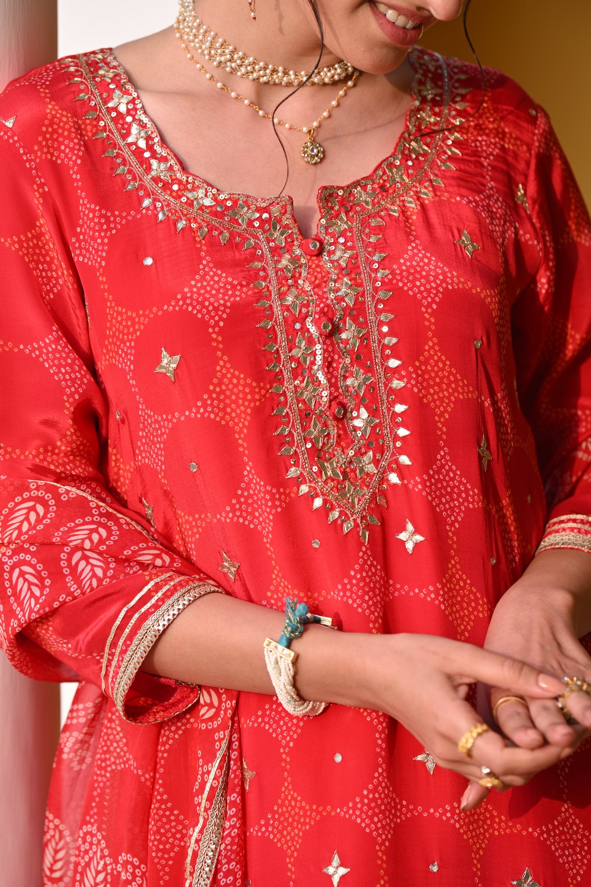 Red Bandhani Nazakat Sharara Set with Gota Patti Work and Scallope Kurta