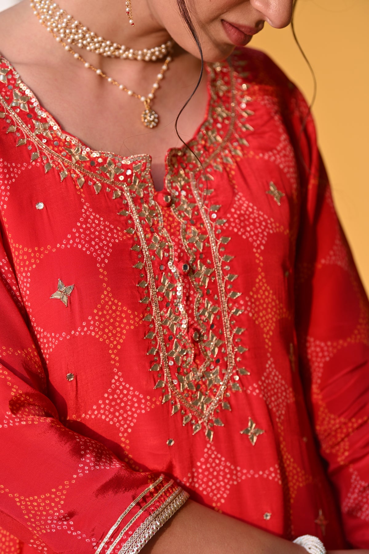 Red Bandhani Nazakat Sharara Set with Gota Patti Work and Scallope Kurta