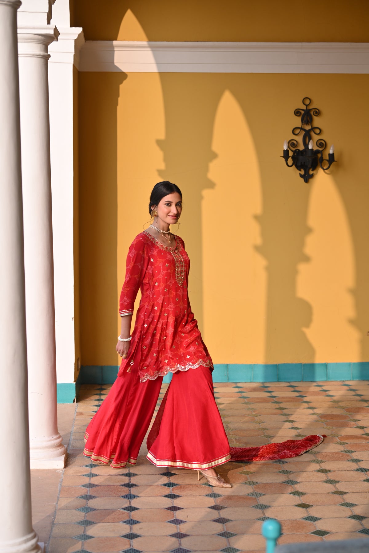 Red Bandhani Nazakat Sharara Set with Gota Patti Work and Scallope Kurta