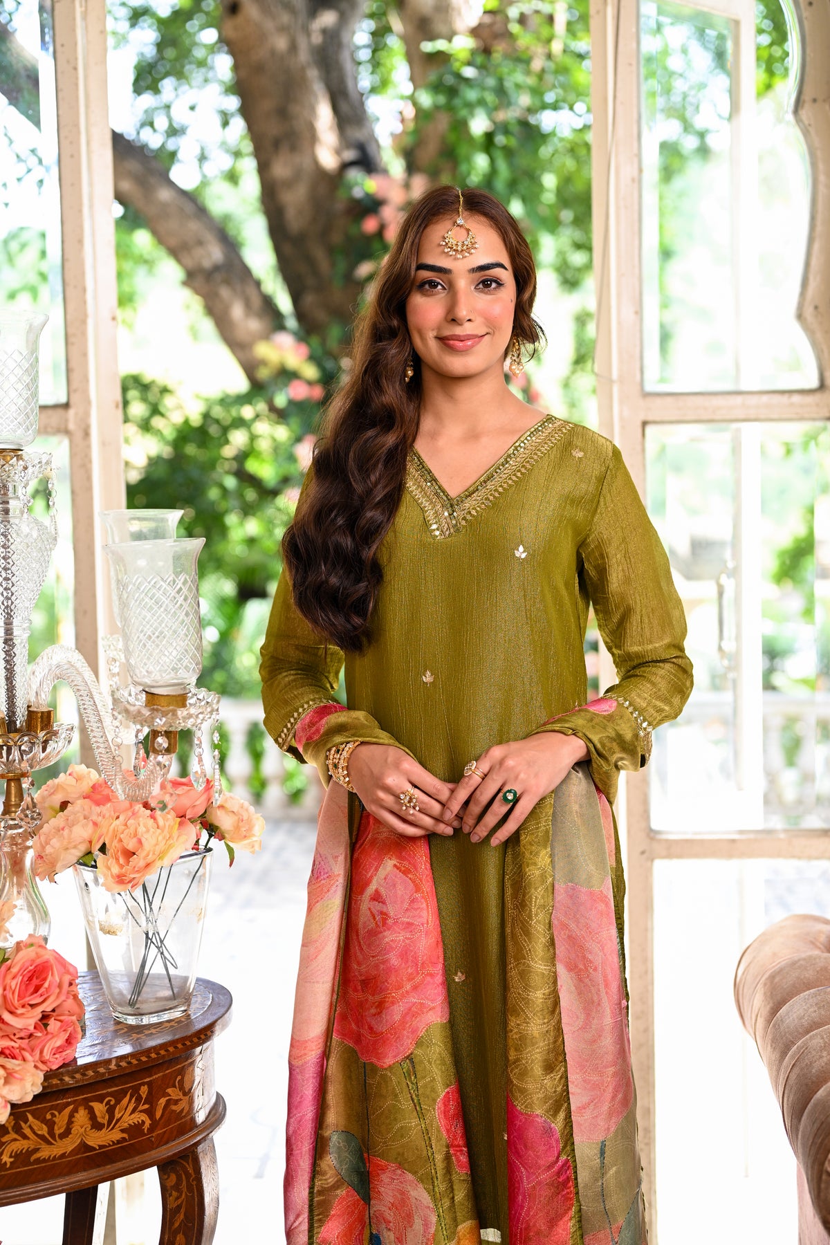 Mehandi Green Crushed Tissue Suit Set With Floral Dupatta