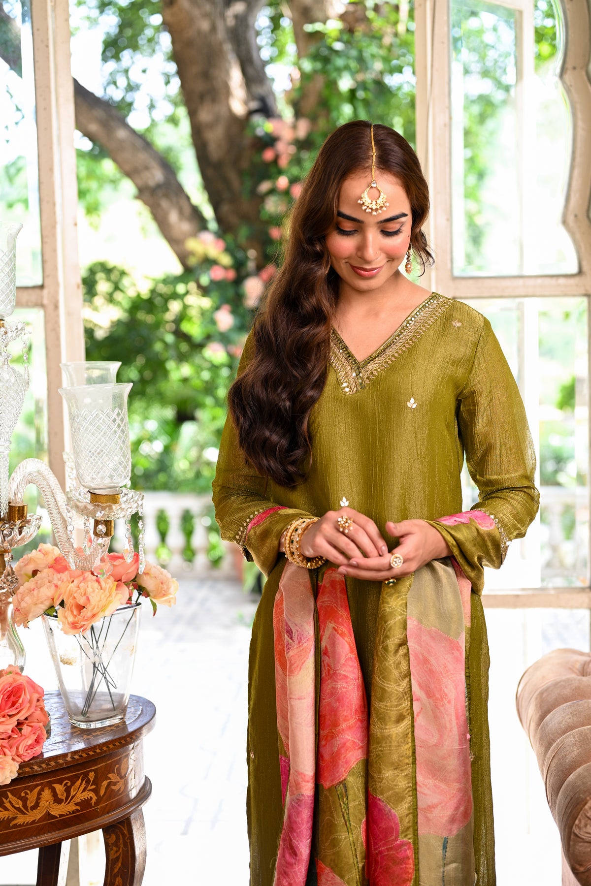 Mehandi Green Crushed Tissue Suit Set With Floral Dupatta