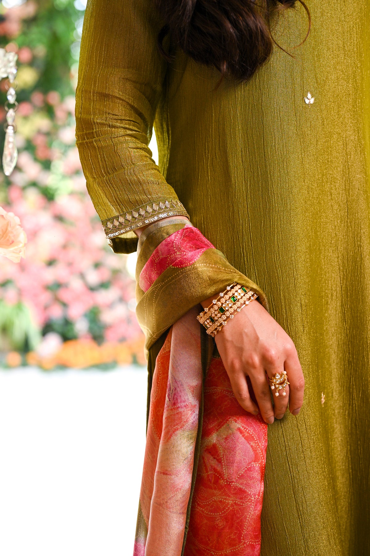 Mehandi Green Crushed Tissue Suit Set With Floral Dupatta