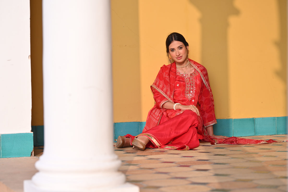 Red Bandhani Nazakat Sharara Set with Gota Patti Work and Scallope Kurta