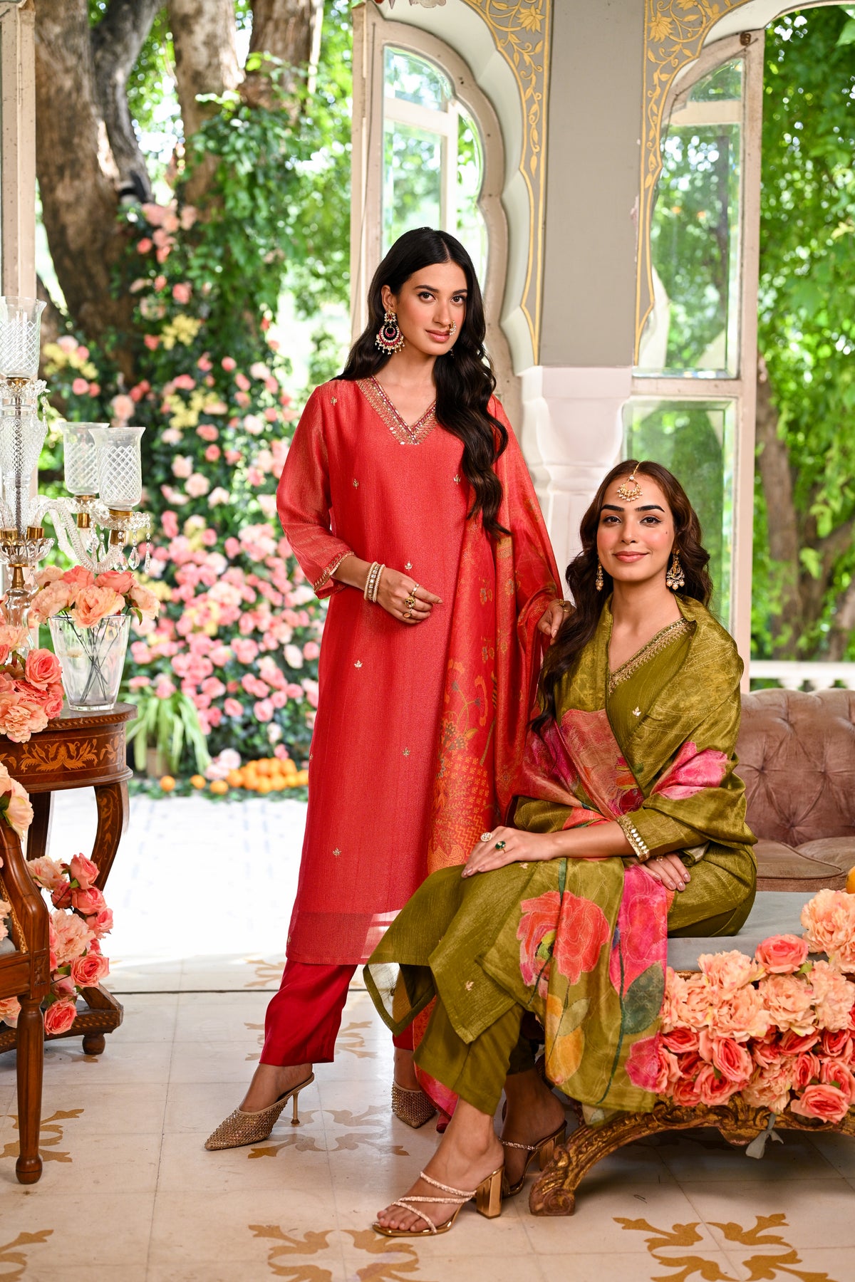 Mehandi Green Crushed Tissue Suit Set With Floral Dupatta