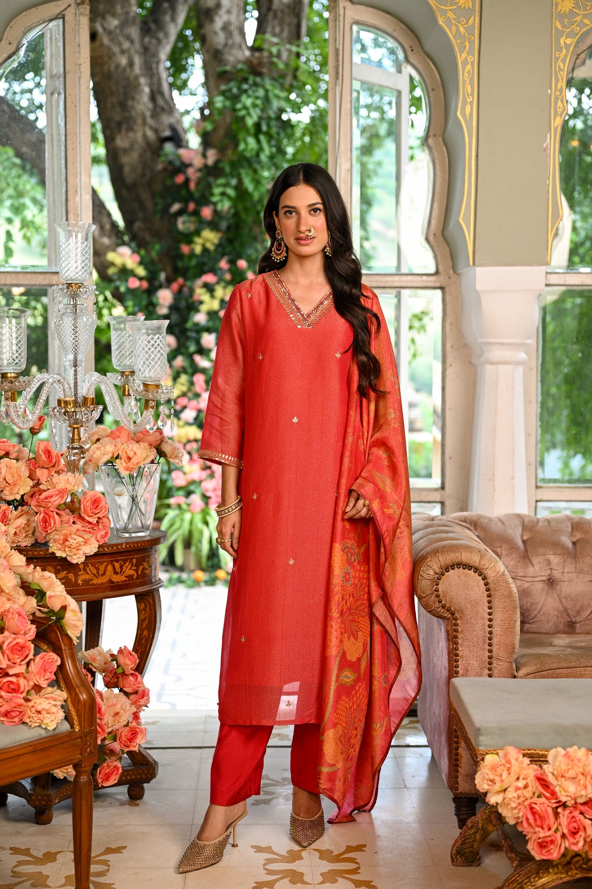 Red Crushed Tissue Suit Set With Floral Dupatta