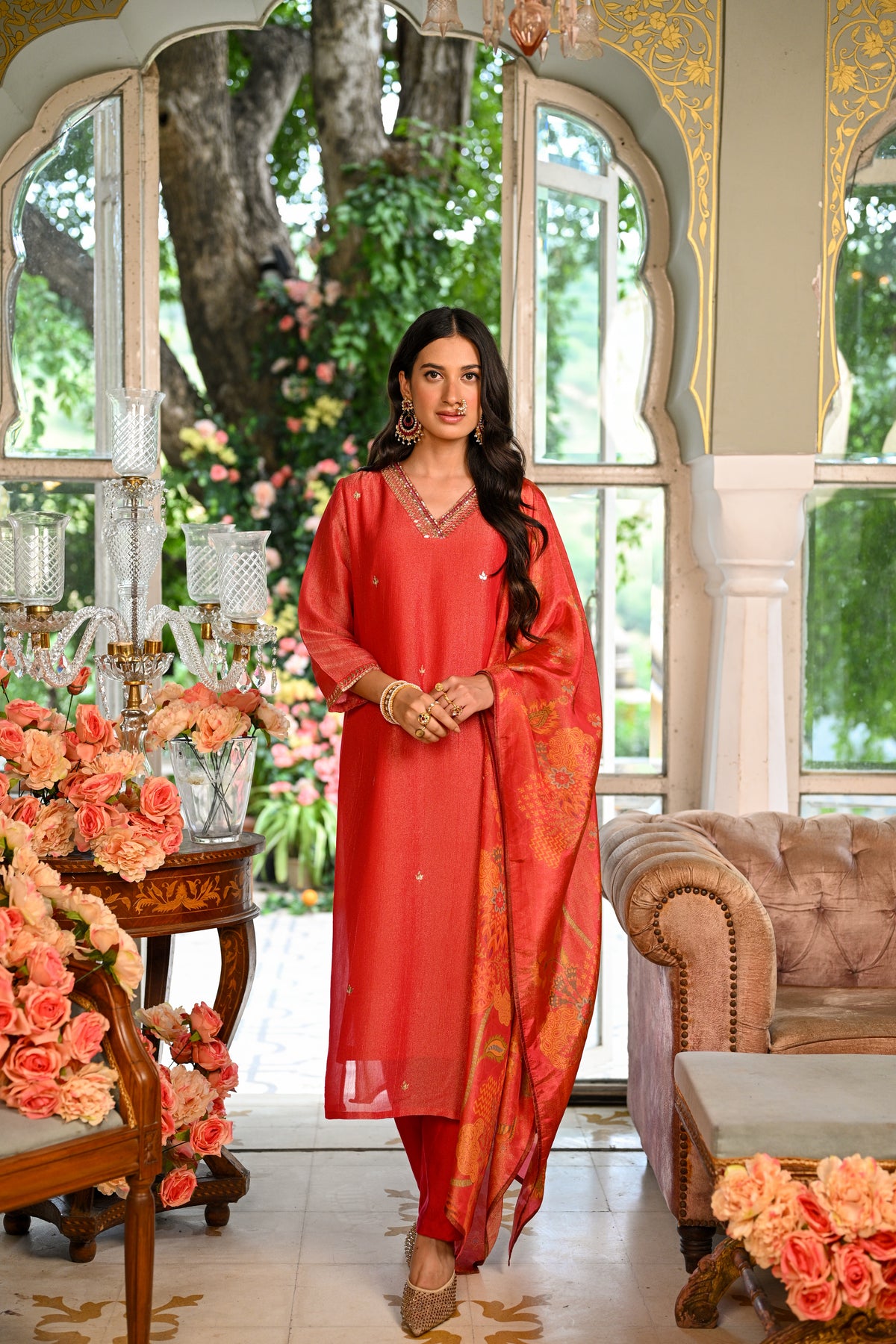 Red Crushed Tissue Suit Set With Floral Dupatta