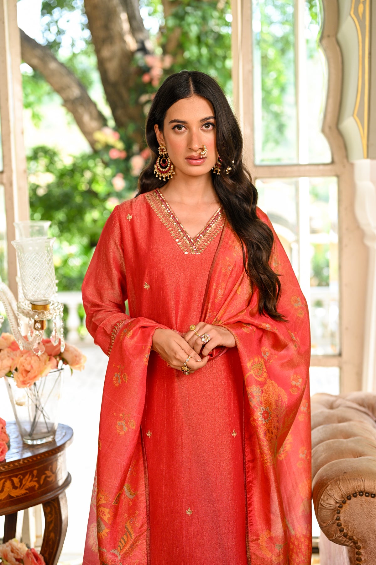 Red Crushed Tissue Suit Set With Floral Dupatta