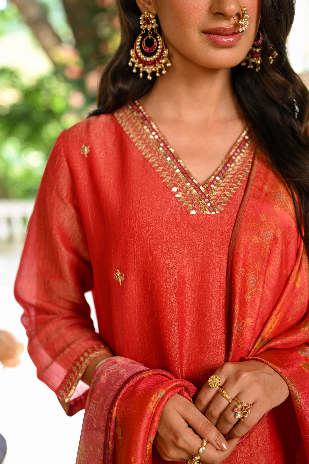 Red Crushed Tissue Suit Set With Floral Dupatta