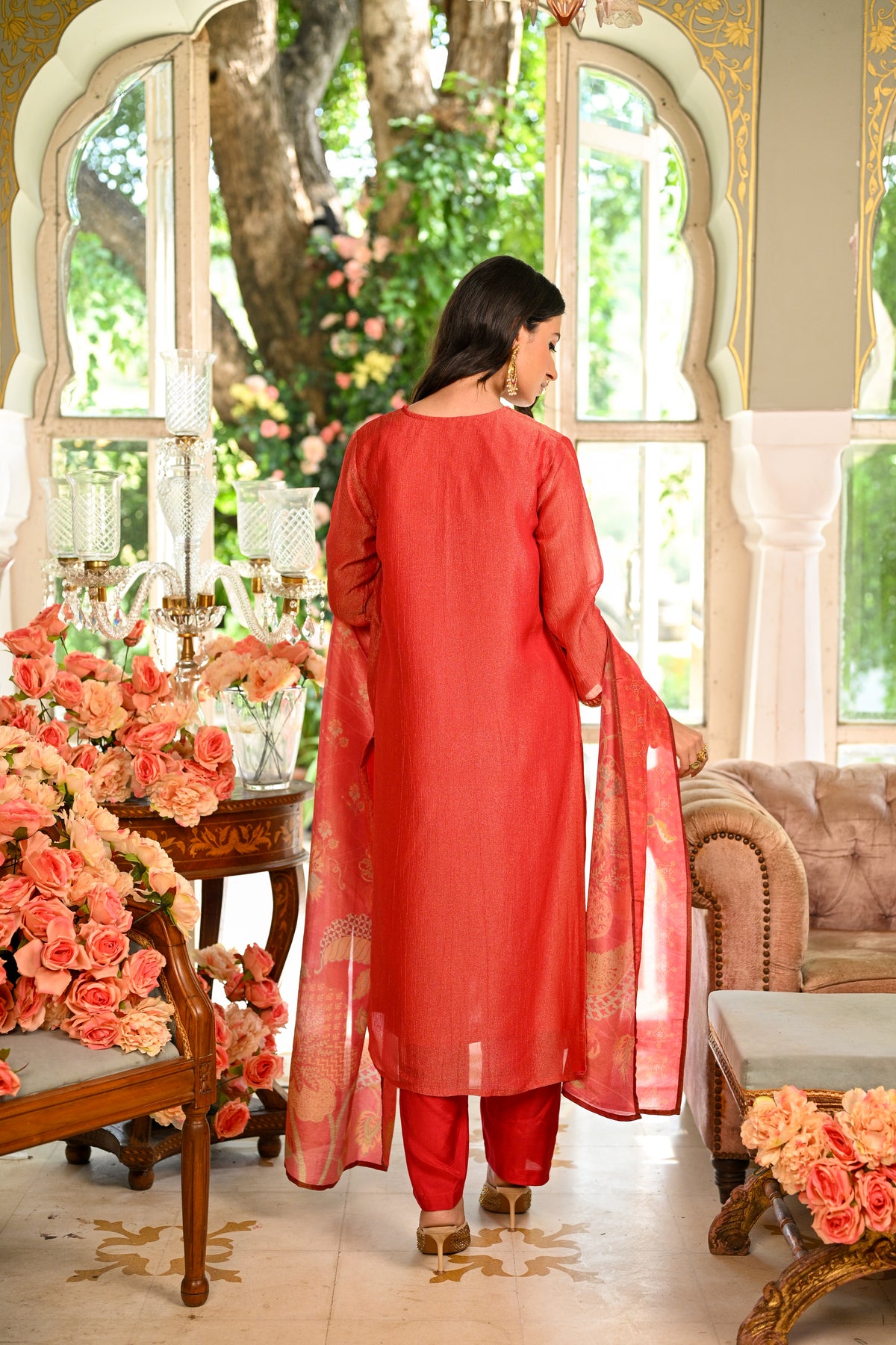 Red Crushed Tissue Suit Set With Floral Dupatta