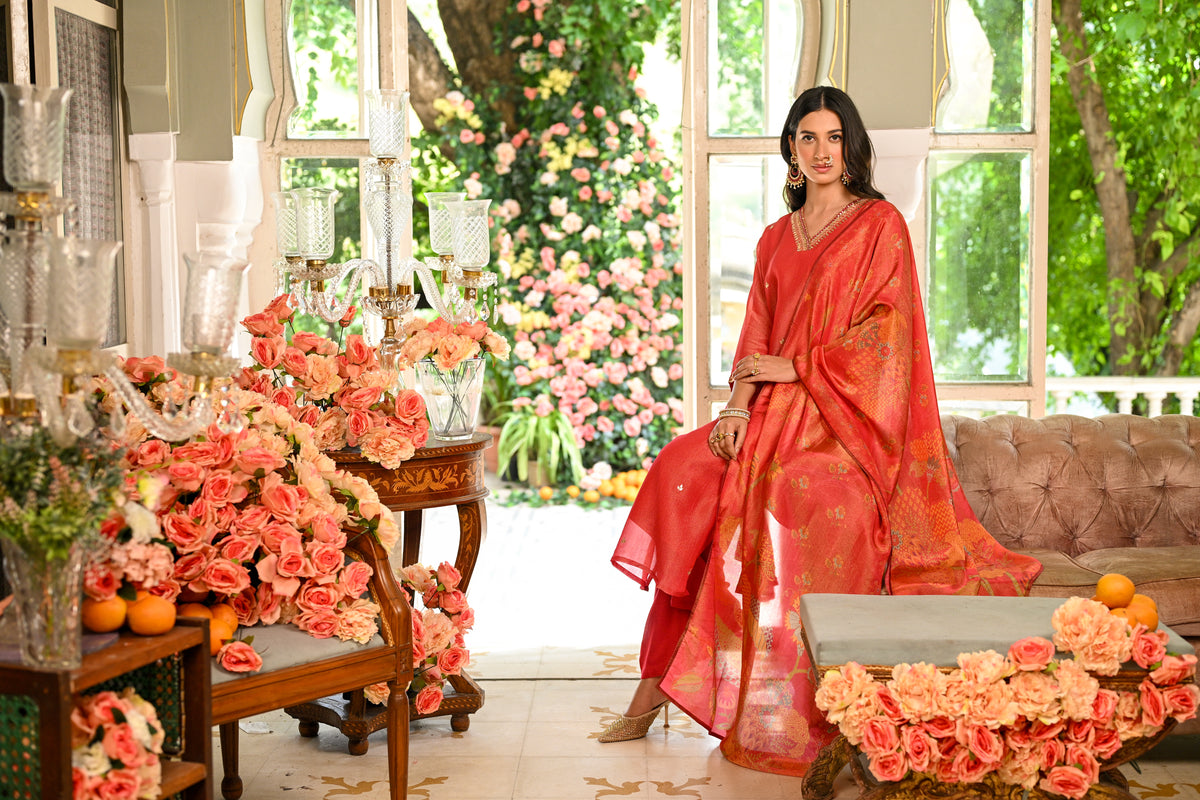 Red Crushed Tissue Suit Set With Floral Dupatta