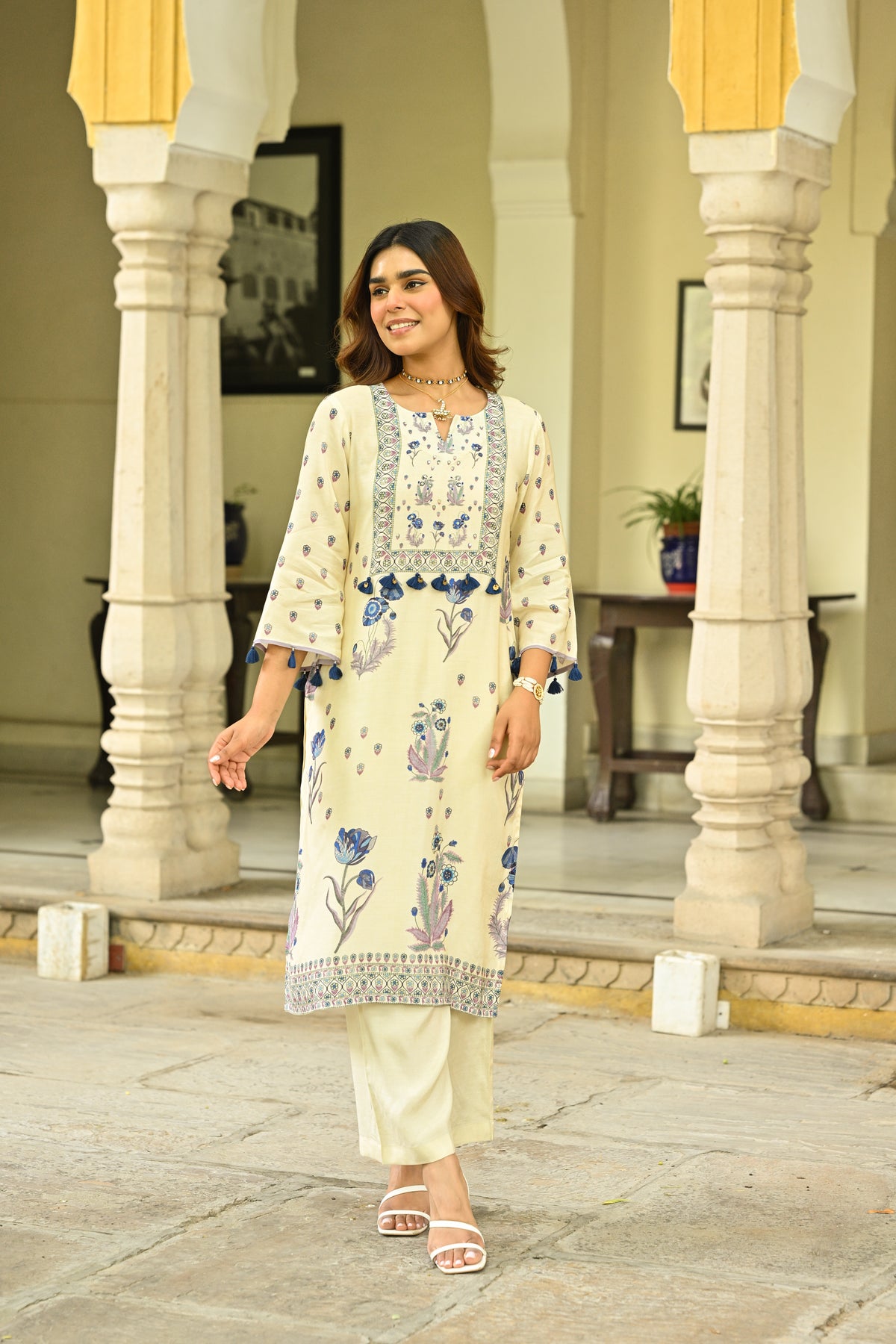 Off White and Blue Floral Print with Tassels Placement Kurta Set