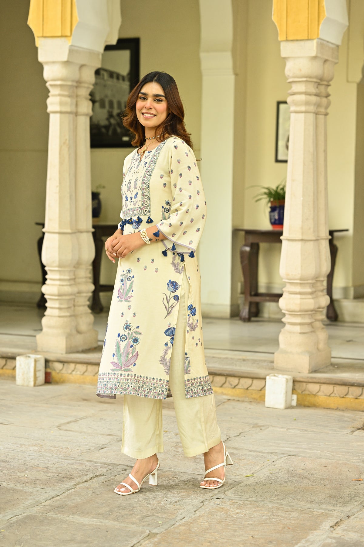 Off White and Blue Floral Print with Tassels Placement Kurta Set