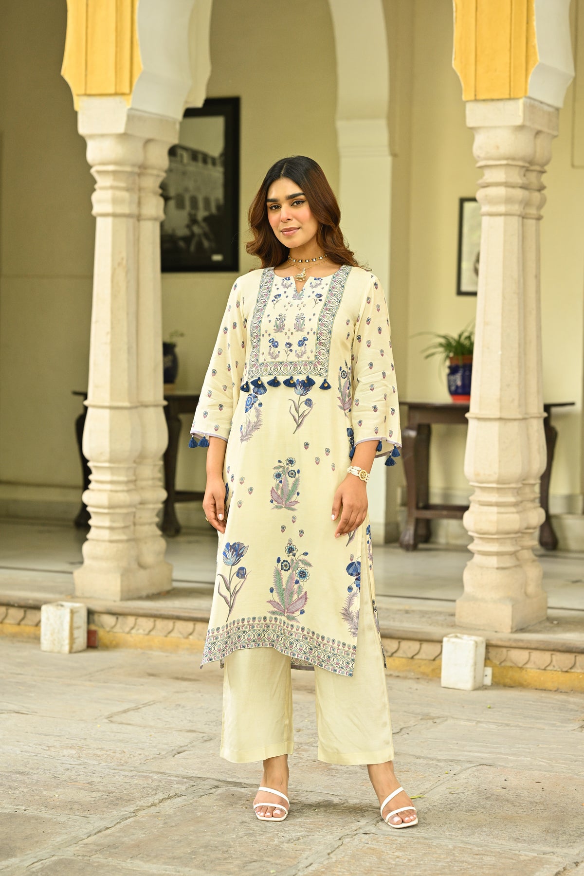 Off White and Blue Floral Print with Tassels Placement Kurta Set