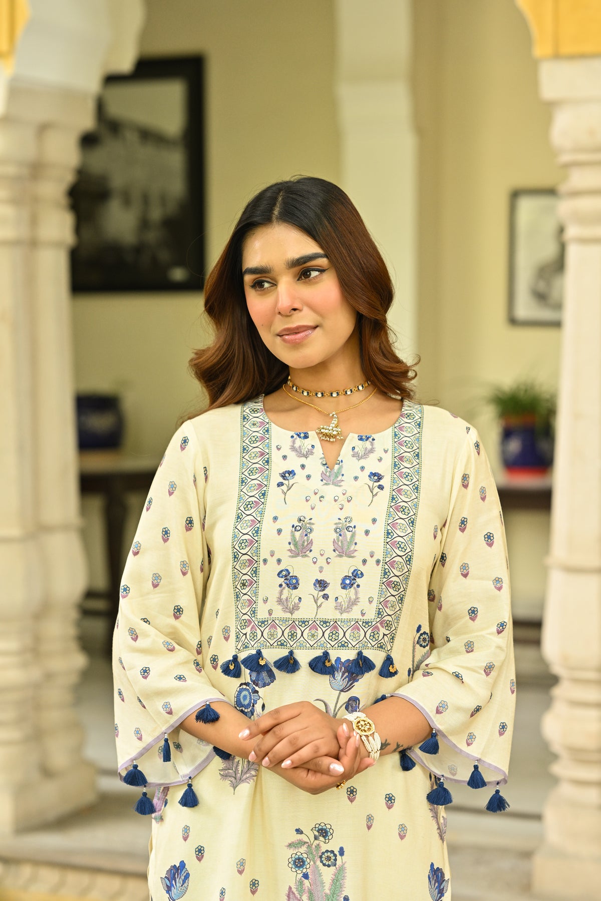 Off White and Blue Floral Print with Tassels Placement Kurta Set