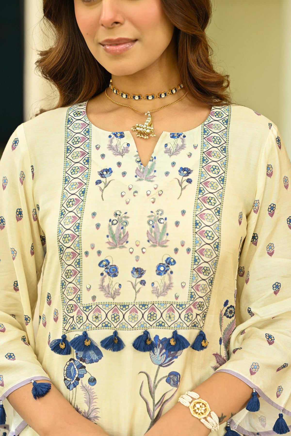 Off White and Blue Floral Print with Tassels Placement Kurta Set
