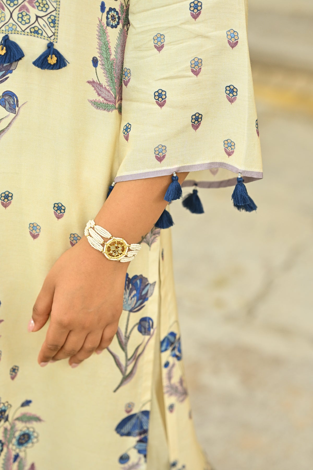 Off White and Blue Floral Print with Tassels Placement Kurta Set