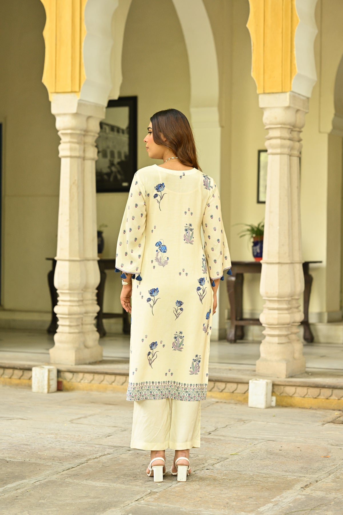 Off White and Blue Floral Print with Tassels Placement Kurta Set