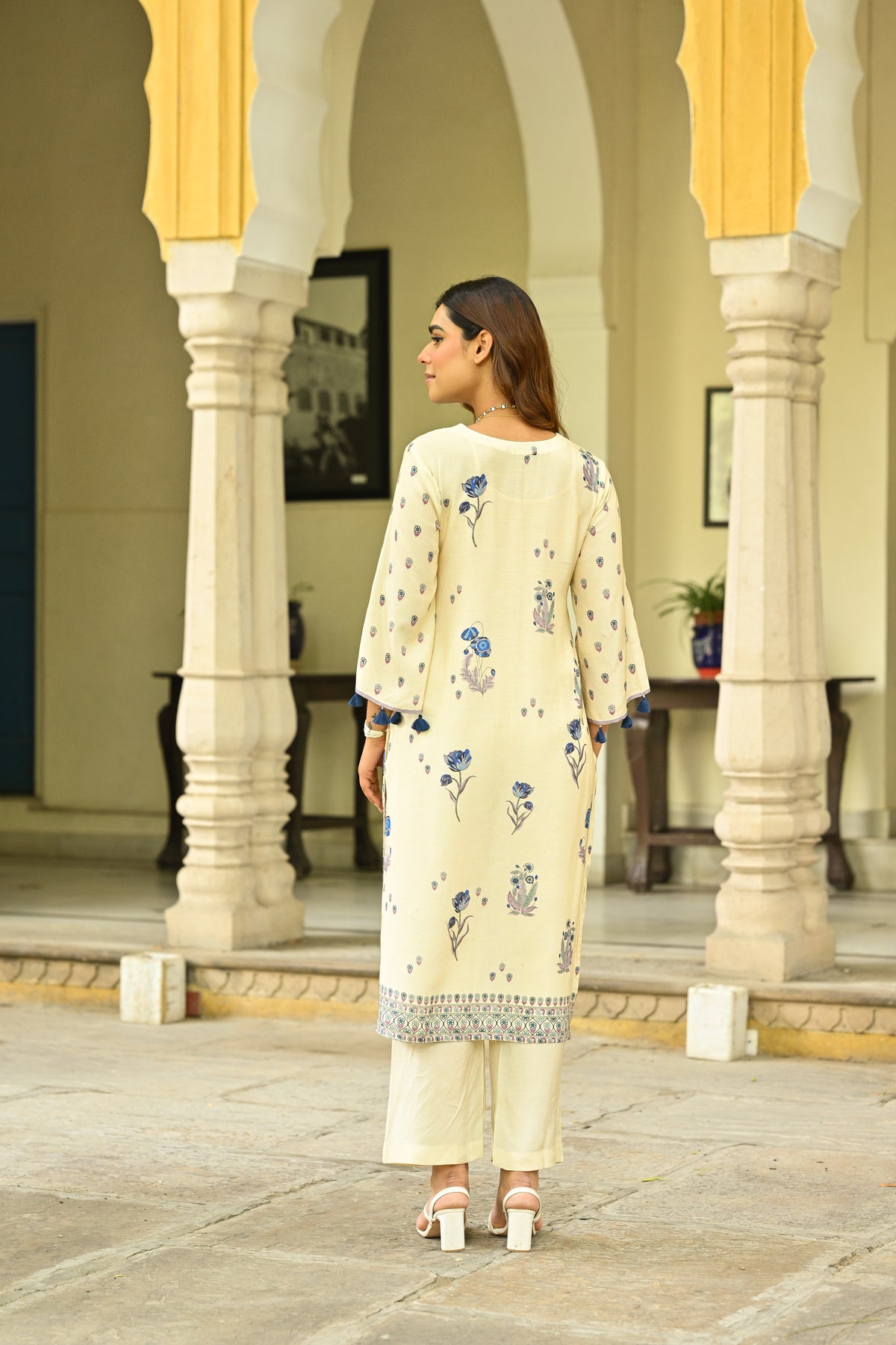 Off White and Blue Floral Print with Tassels Placement Kurta Set