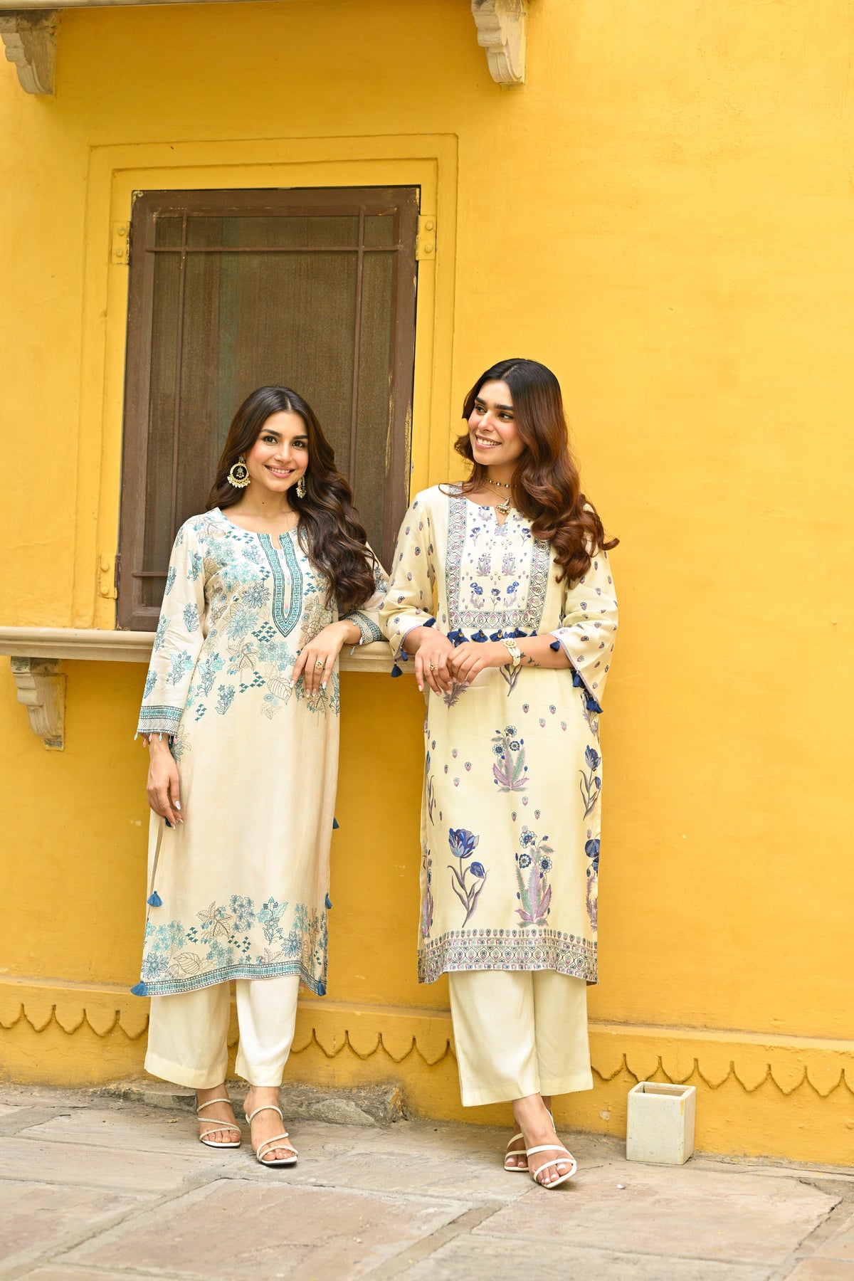 Off White and Blue Floral Print with Tassels Placement Kurta Set