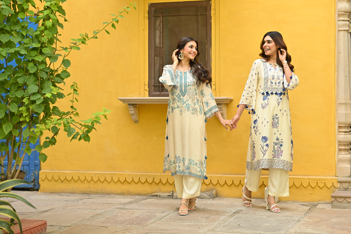 Off White and Blue Floral Print with Tassels Placement Kurta Set