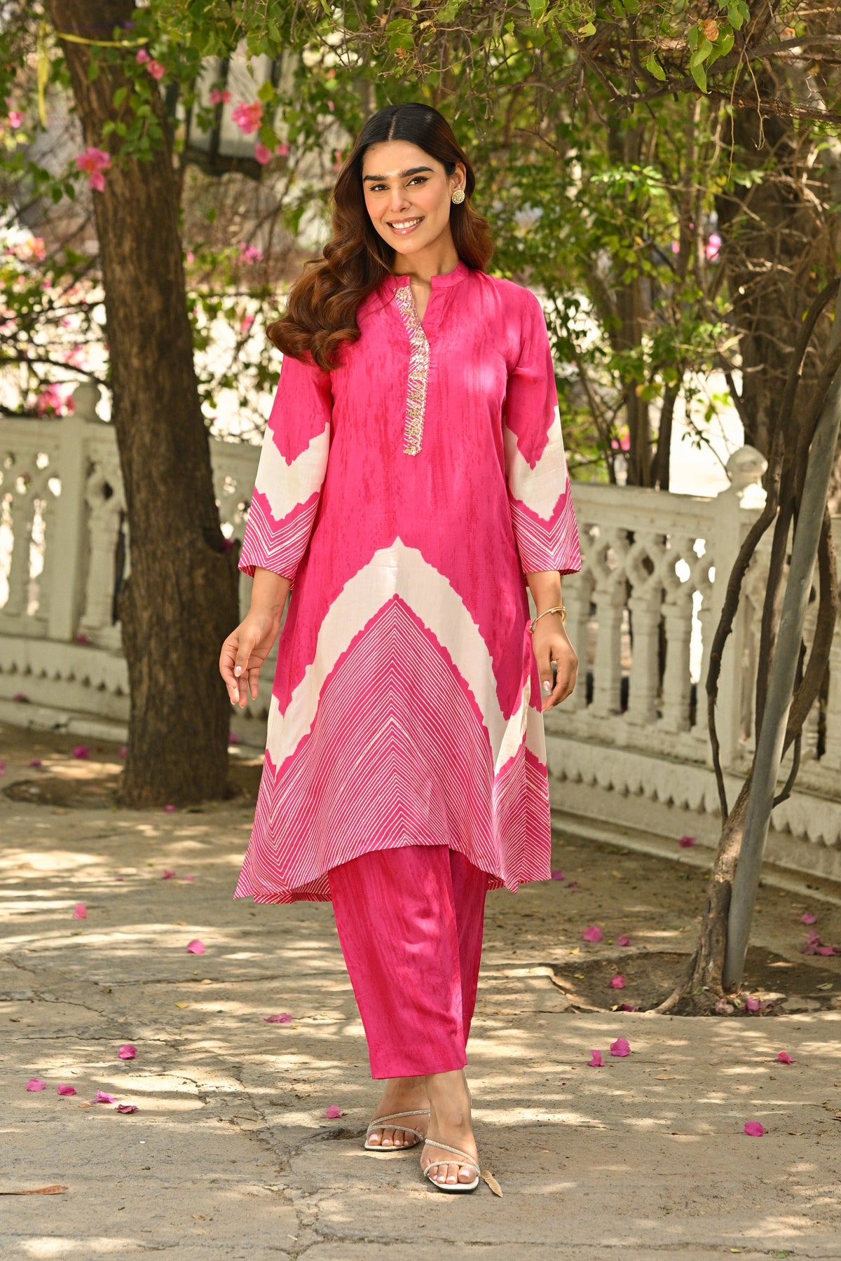 Pink Lehariya Muslin Kurta Set with Gota Work on Neck