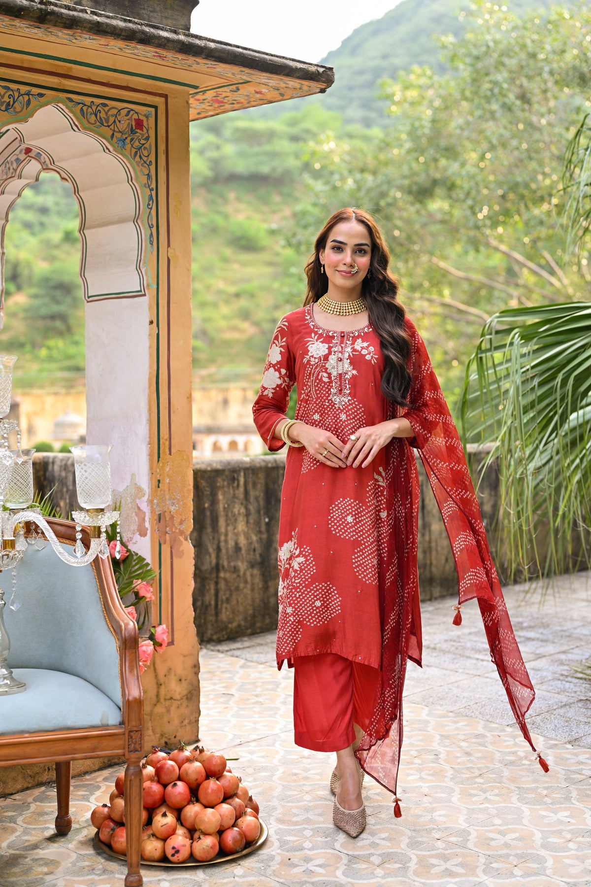 Red Placement Bandhani Muslin Suit set with Gota Patti Work