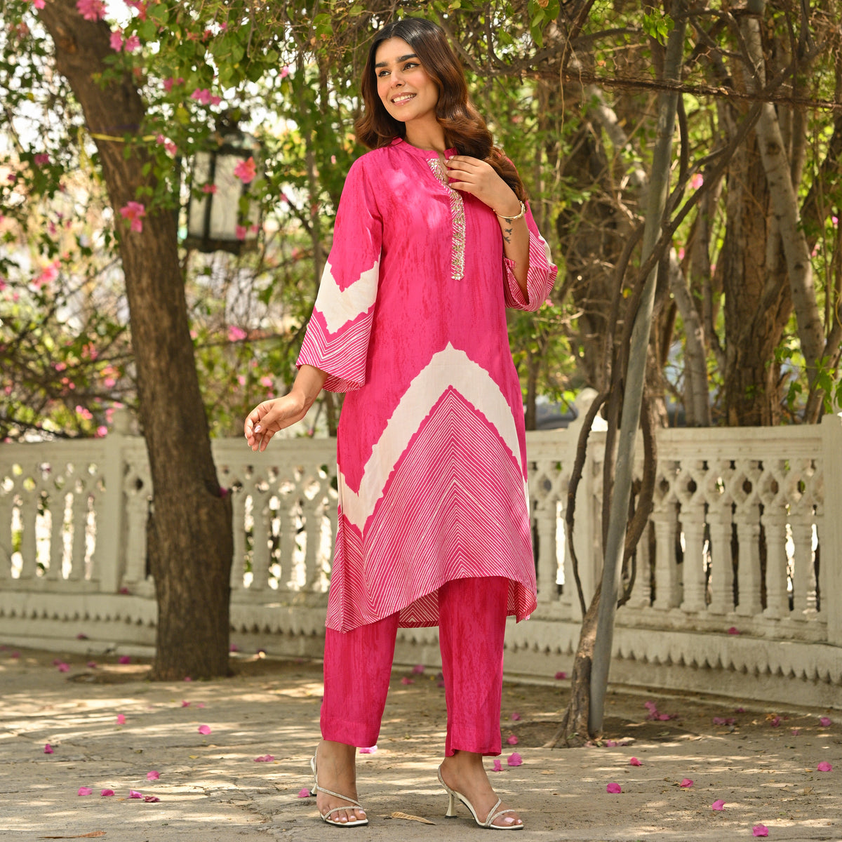 Pink Lehariya Muslin Kurta Set with Gota Work on Neck