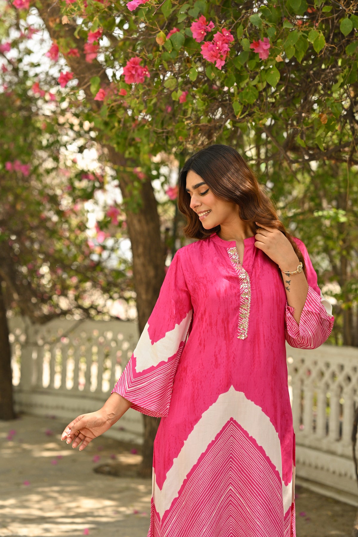 Pink Lehariya Muslin Kurta Set with Gota Work on Neck