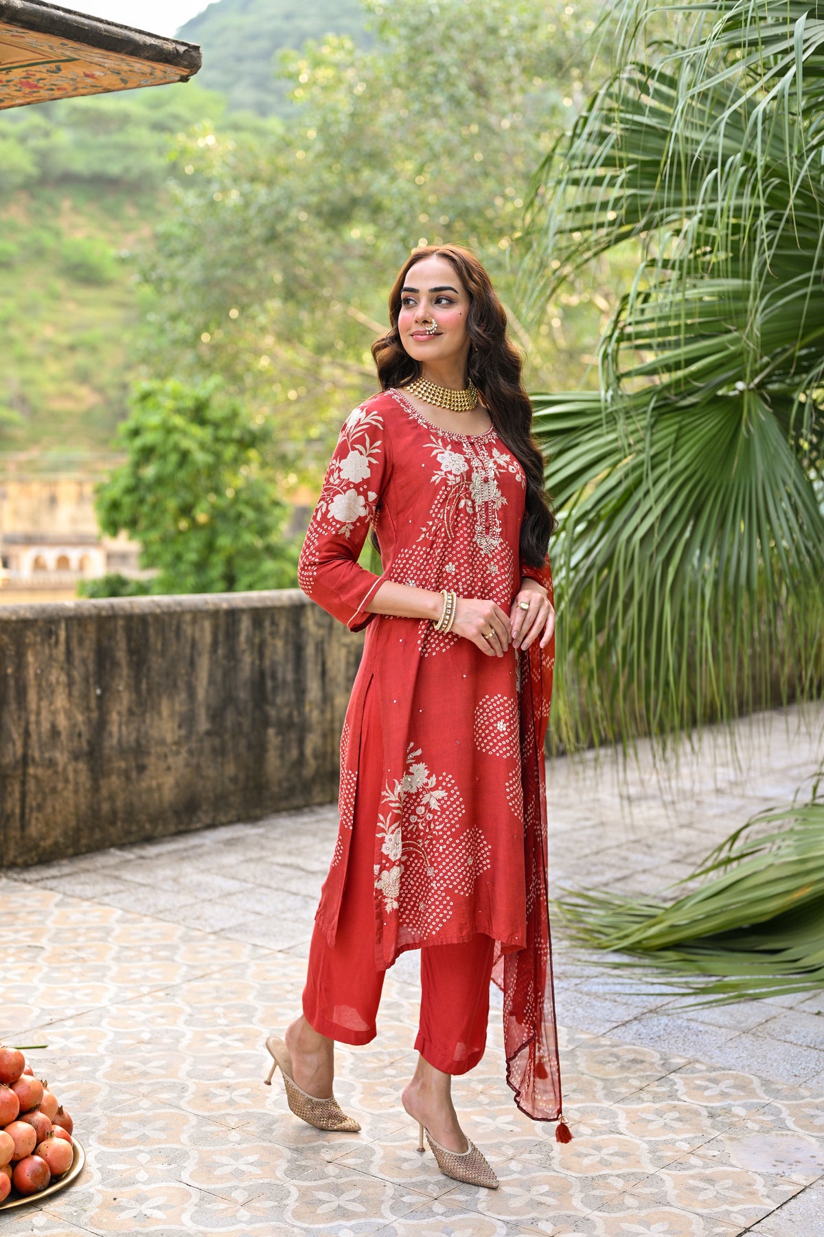 Red Placement Bandhani Muslin Suit set with Gota Patti Work