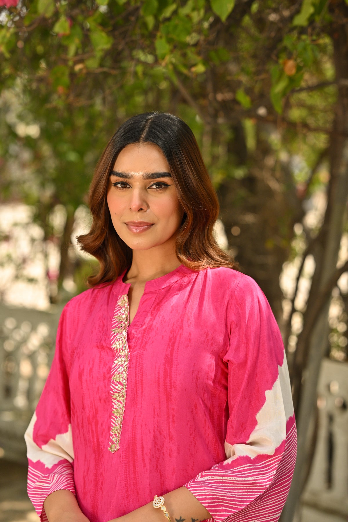 Pink Lehariya Muslin Kurta Set with Gota Work on Neck
