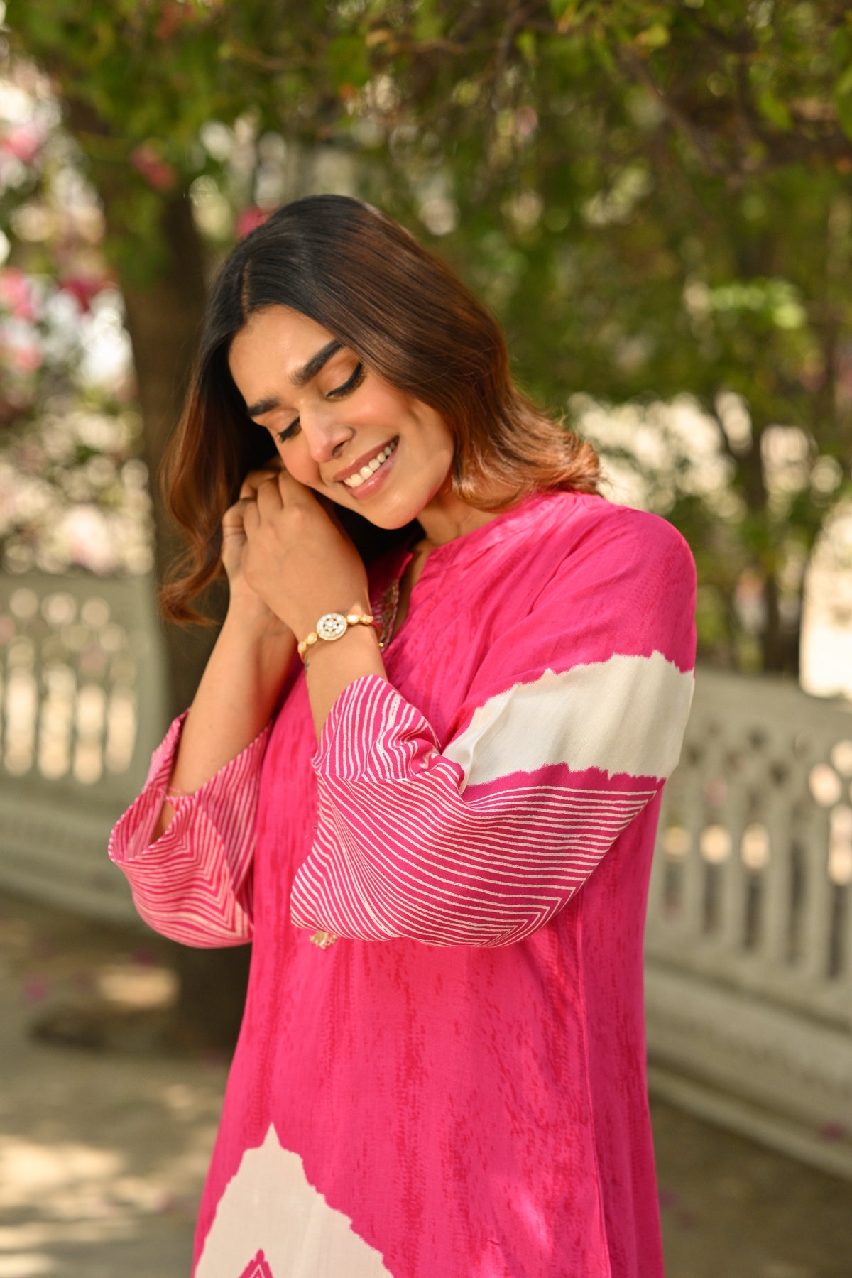 Pink Lehariya Muslin Kurta Set with Gota Work on Neck