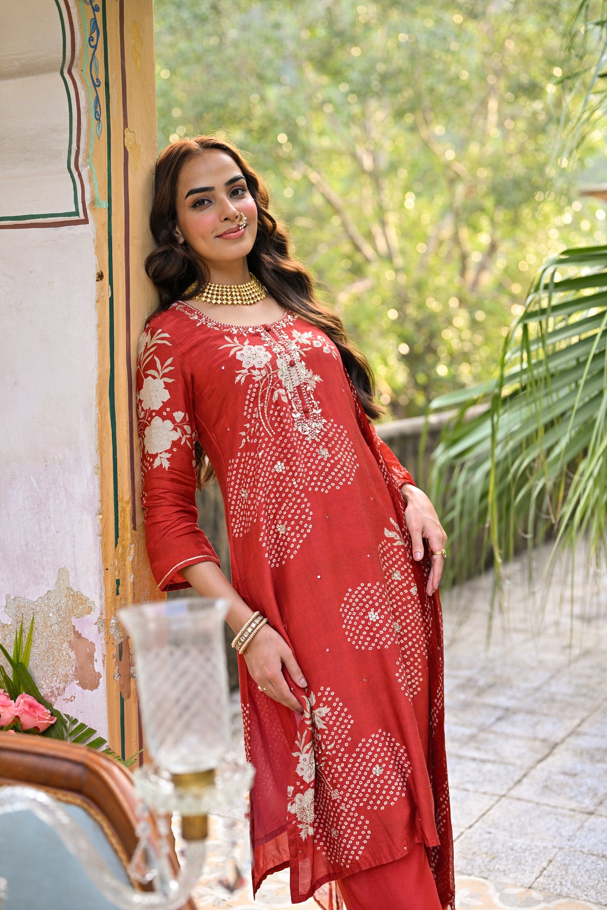 Red Placement Bandhani Muslin Suit set with Gota Patti Work