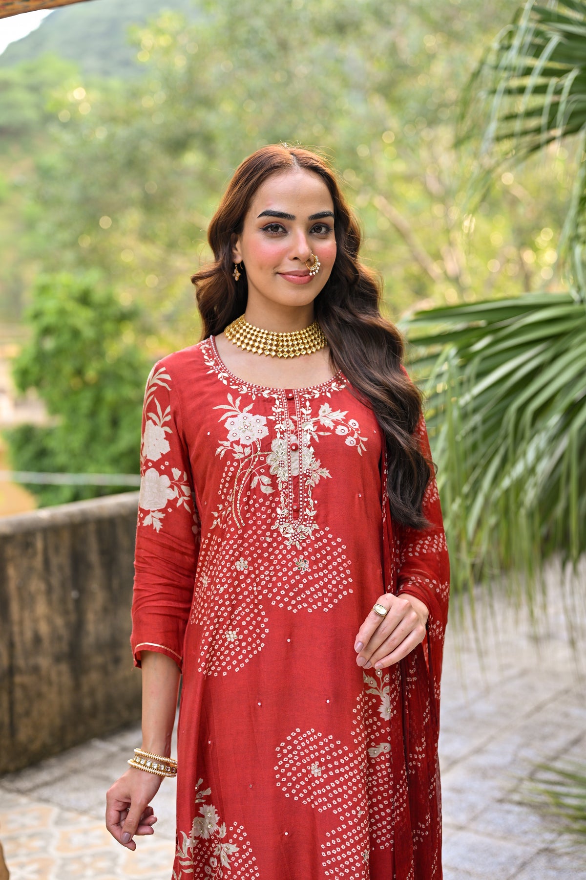 Red Placement Bandhani Muslin Suit set with Gota Patti Work