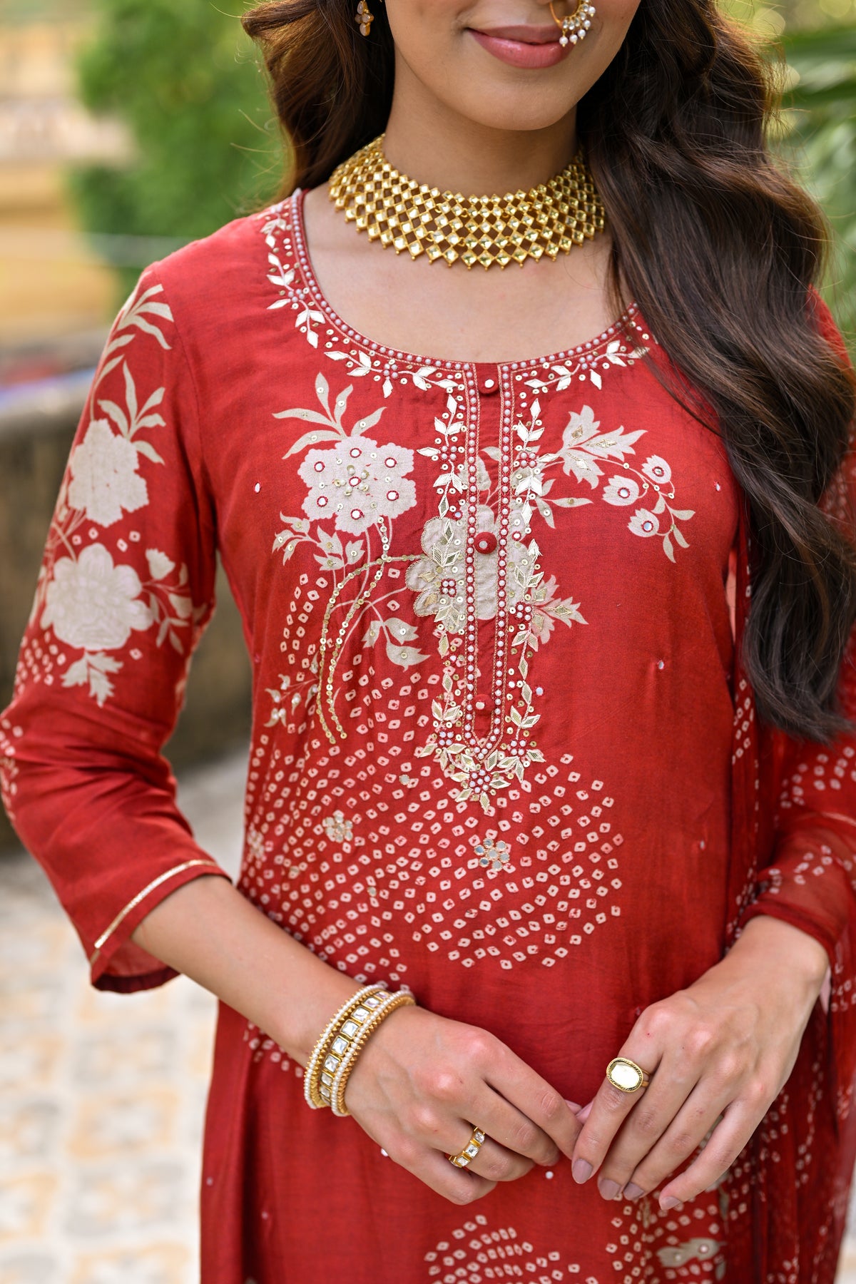 Red Placement Bandhani Muslin Suit set with Gota Patti Work
