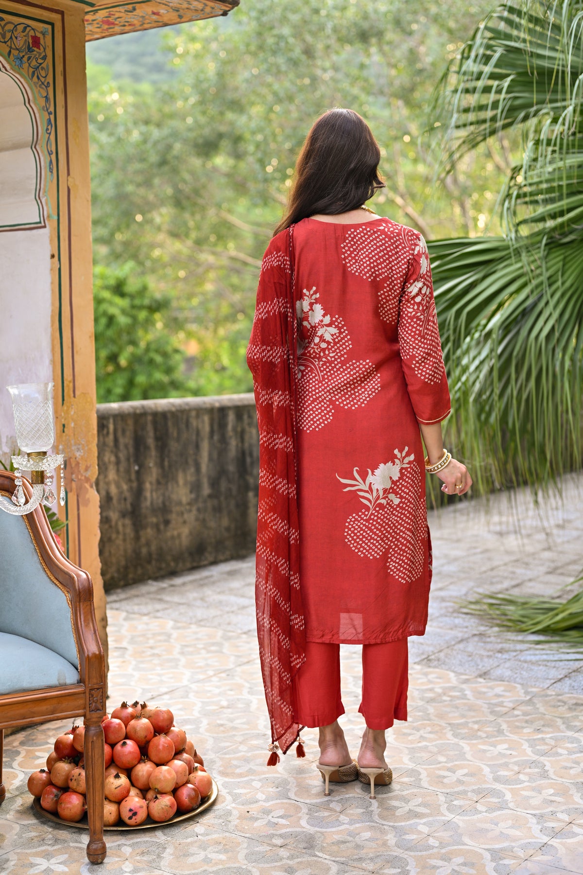 Red Placement Bandhani Muslin Suit set with Gota Patti Work