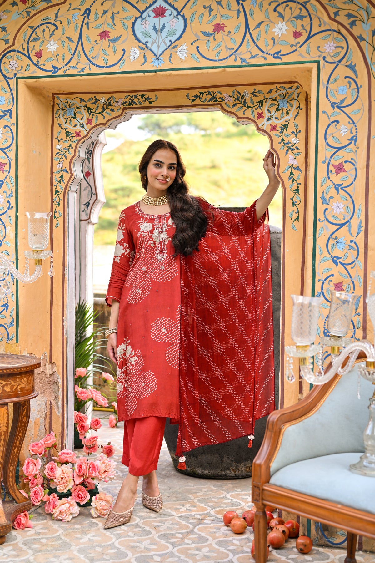 Red Placement Bandhani Muslin Suit set with Gota Patti Work
