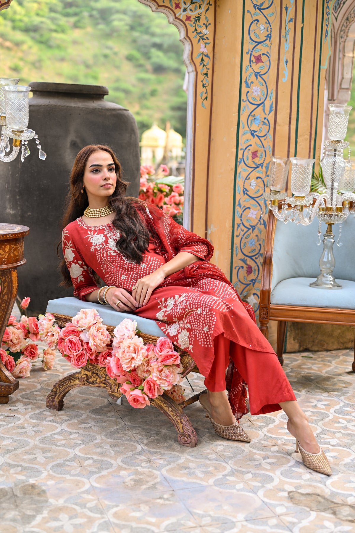Red Placement Bandhani Muslin Suit set with Gota Patti Work